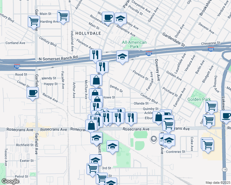 map of restaurants, bars, coffee shops, grocery stores, and more near 13931 Orizaba Avenue in Paramount