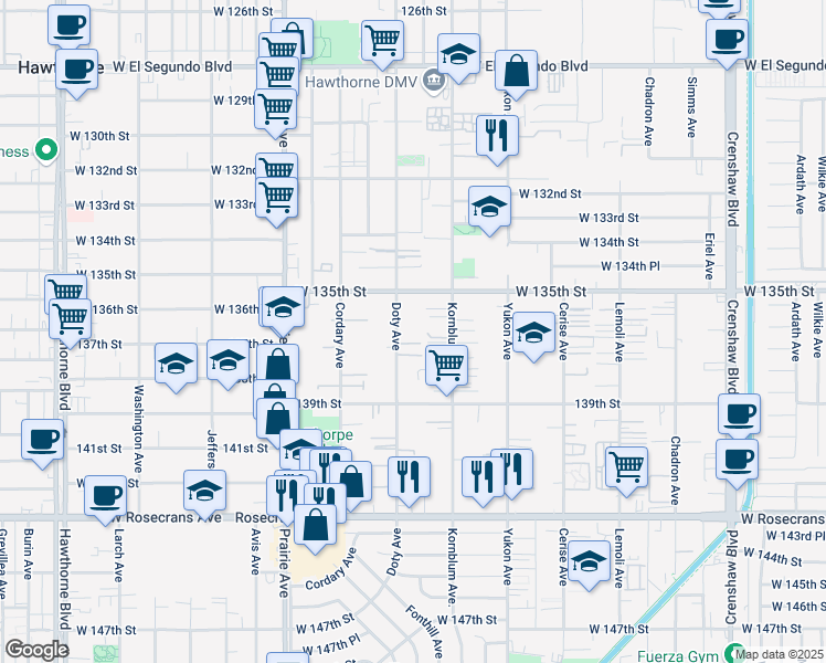 map of restaurants, bars, coffee shops, grocery stores, and more near 13620 Doty Avenue in Hawthorne