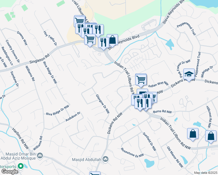 map of restaurants, bars, coffee shops, grocery stores, and more near 5098 Whitted Way Northwest in Lilburn