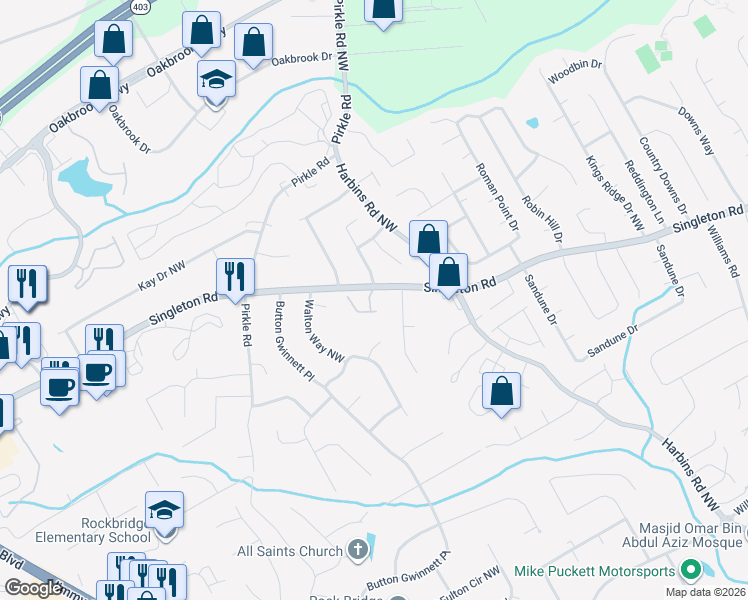 map of restaurants, bars, coffee shops, grocery stores, and more near 1353 Harbins Ridge Drive in Norcross