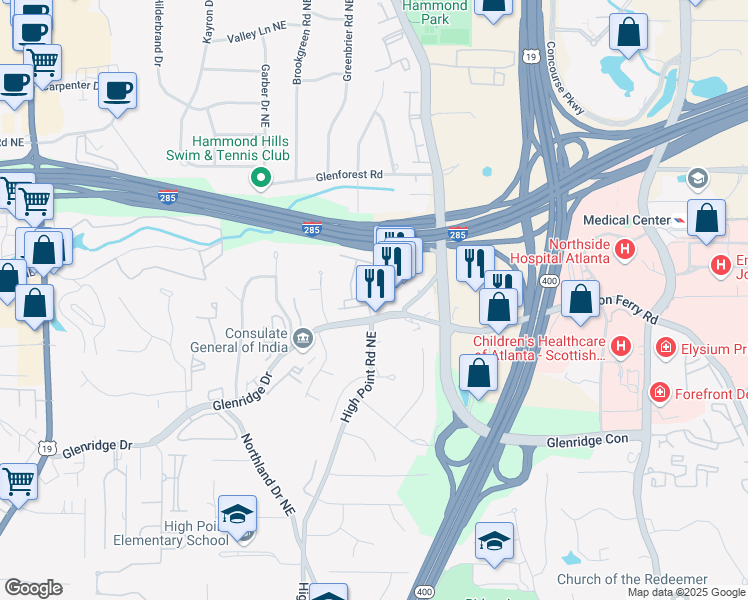 map of restaurants, bars, coffee shops, grocery stores, and more near 689 Lockton Place in Sandy Springs