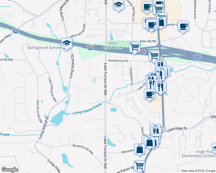 map of restaurants, bars, coffee shops, grocery stores, and more near 5585 Lake Forrest Drive Northwest in Atlanta