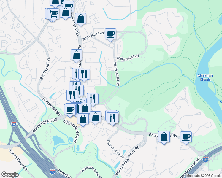map of restaurants, bars, coffee shops, grocery stores, and more near 1875 Cedar Glenn Way in Atlanta