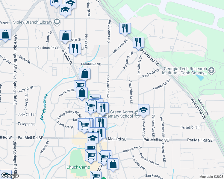 map of restaurants, bars, coffee shops, grocery stores, and more near 452 Mohon Circle Southeast in Smyrna