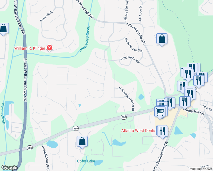 map of restaurants, bars, coffee shops, grocery stores, and more near 1805 Walker Ridge Drive Southwest in Marietta