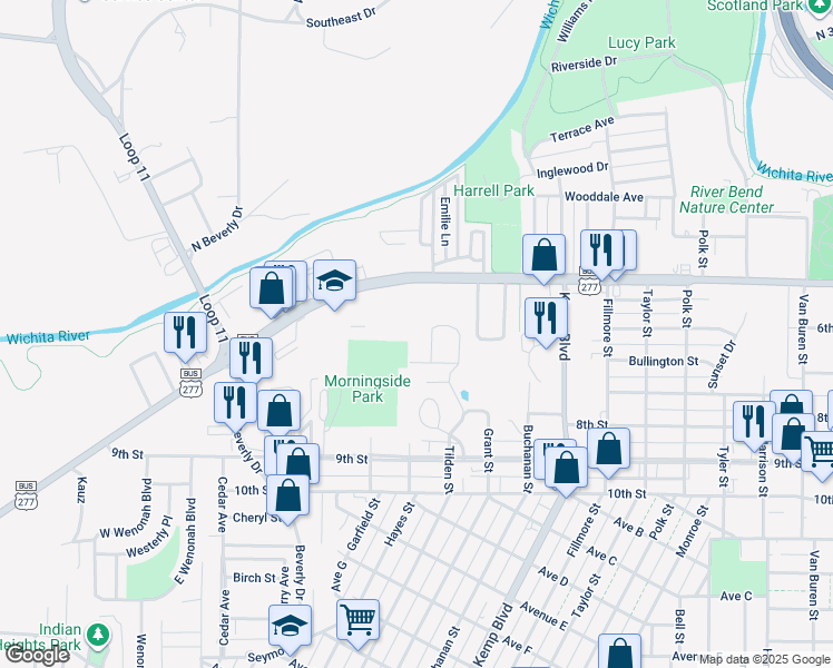 map of restaurants, bars, coffee shops, grocery stores, and more near 135 Pembroke Ln in Wichita Falls