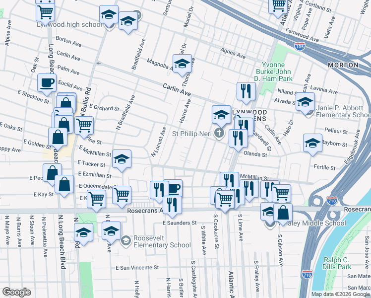 map of restaurants, bars, coffee shops, grocery stores, and more near 12705 Waldorf Drive in Lynwood