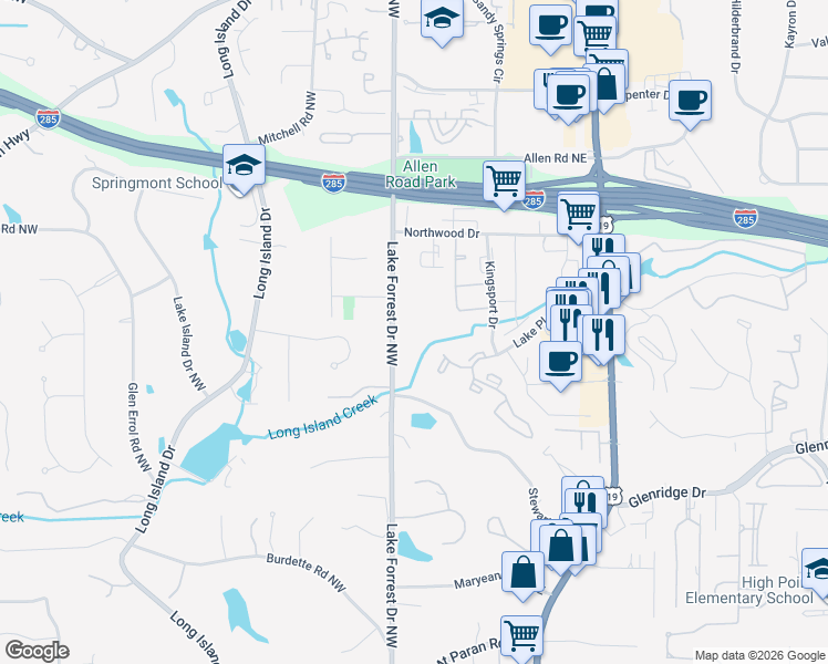 map of restaurants, bars, coffee shops, grocery stores, and more near 5585 Lake Forrest Drive Northwest in Atlanta
