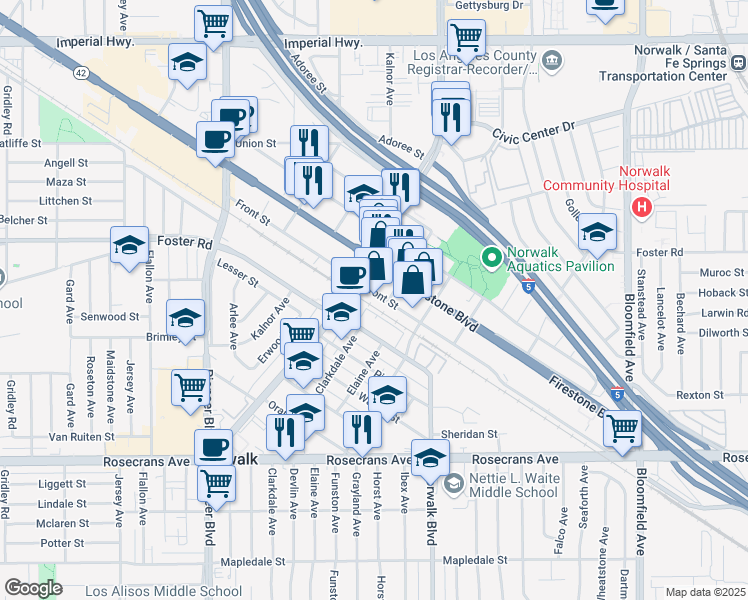 map of restaurants, bars, coffee shops, grocery stores, and more near 12132 Front Street in Norwalk
