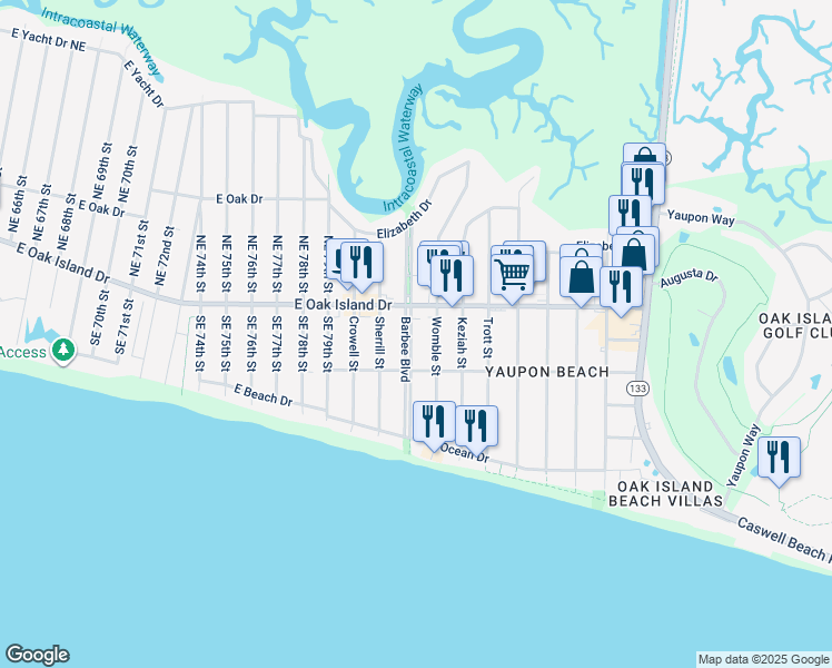 map of restaurants, bars, coffee shops, grocery stores, and more near 310 Barbee Boulevard in Oak Island
