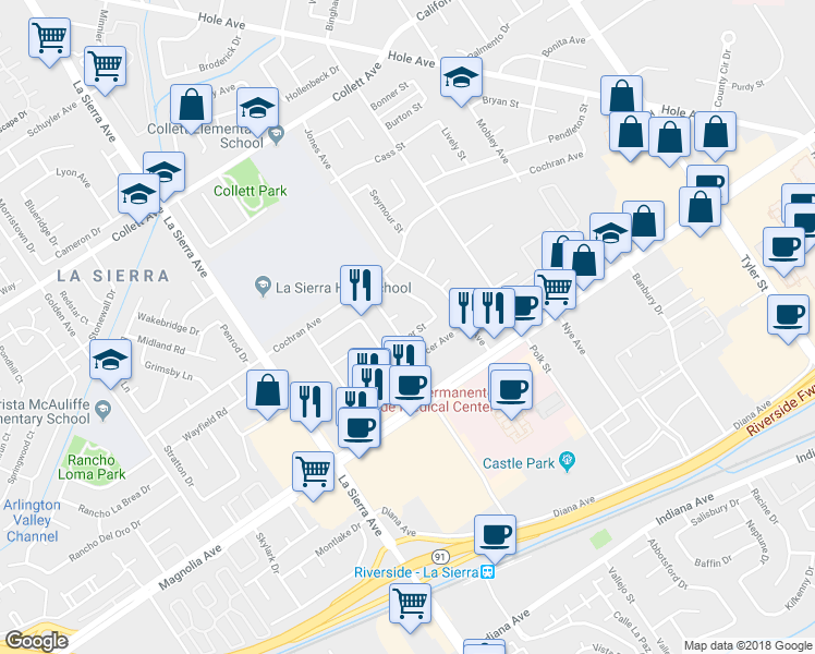 map of restaurants, bars, coffee shops, grocery stores, and more near 3910 Carrick Street in Riverside