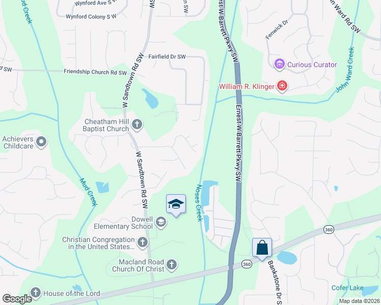 map of restaurants, bars, coffee shops, grocery stores, and more near 1892 Dovonshire Road South West in Marietta
