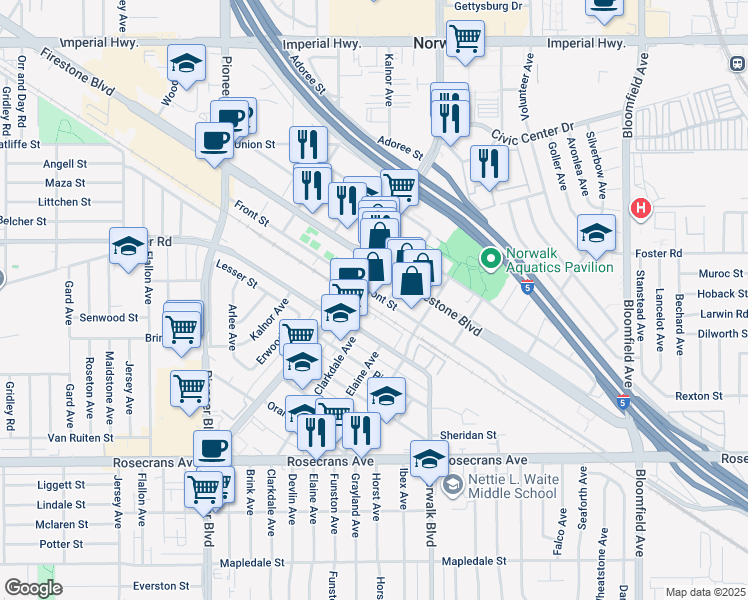 map of restaurants, bars, coffee shops, grocery stores, and more near 12132 Front Street in Norwalk