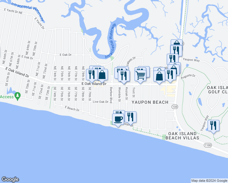 map of restaurants, bars, coffee shops, grocery stores, and more near 310 Barbee Boulevard in Oak Island