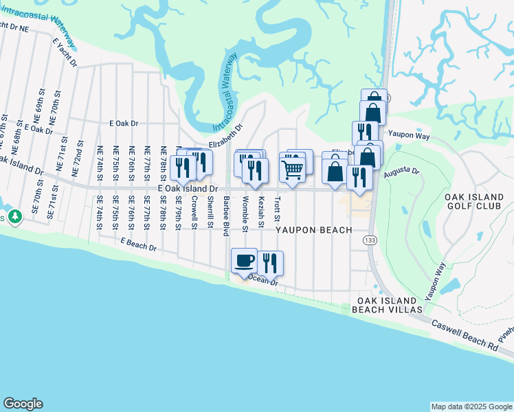 map of restaurants, bars, coffee shops, grocery stores, and more near 311 Keziah Street in Oak Island