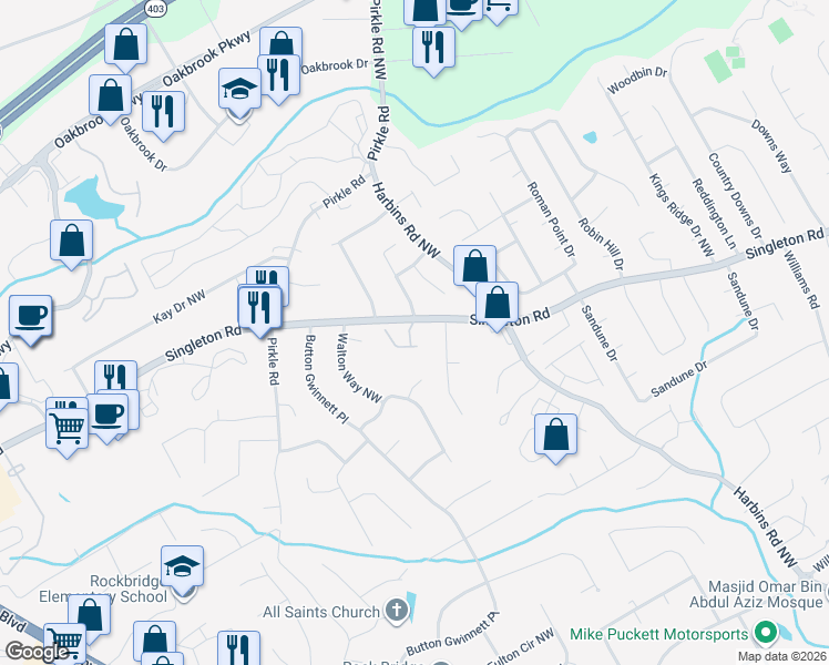 map of restaurants, bars, coffee shops, grocery stores, and more near 1353 Harbins Ridge Drive in Norcross