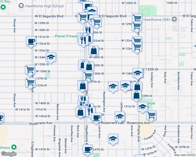 map of restaurants, bars, coffee shops, grocery stores, and more near 4341 137th Street in Hawthorne