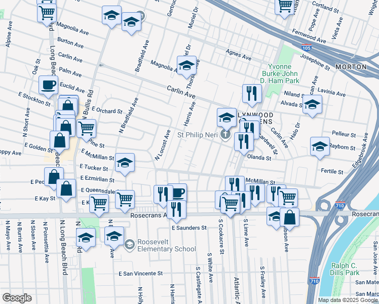 map of restaurants, bars, coffee shops, grocery stores, and more near 12712 Waldorf Drive in Lynwood