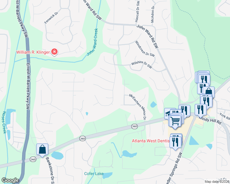 map of restaurants, bars, coffee shops, grocery stores, and more near 1805 Walker Ridge Drive Southwest in Marietta