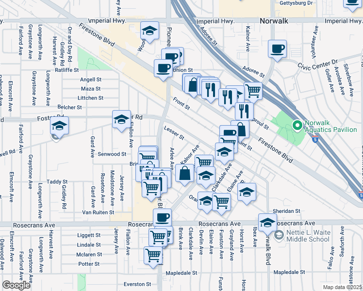map of restaurants, bars, coffee shops, grocery stores, and more near 13639 Kalnor Avenue in Norwalk