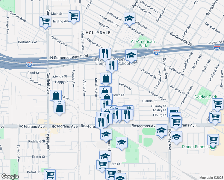 map of restaurants, bars, coffee shops, grocery stores, and more near 13940 Paramount Boulevard in Paramount