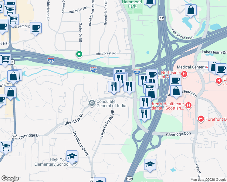 map of restaurants, bars, coffee shops, grocery stores, and more near 689 Lockton Place in Sandy Springs
