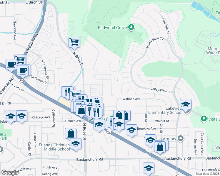 map of restaurants, bars, coffee shops, grocery stores, and more near 16959 Lake Knoll Lane in Yorba Linda