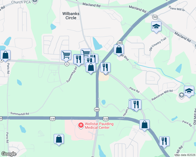 map of restaurants, bars, coffee shops, grocery stores, and more near 342 Marietta Highway in Dallas