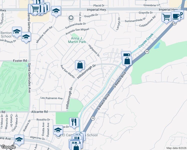 map of restaurants, bars, coffee shops, grocery stores, and more near 16203 Eagleridge Court in La Mirada