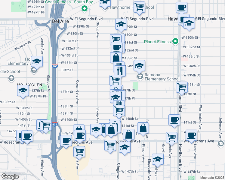 map of restaurants, bars, coffee shops, grocery stores, and more near 4819 137th Street in Hawthorne
