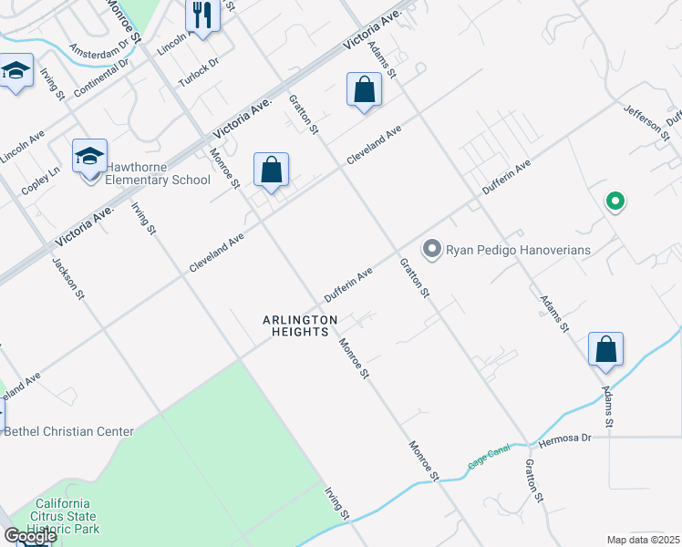 map of restaurants, bars, coffee shops, grocery stores, and more near 8615 Dufferin Avenue in Riverside