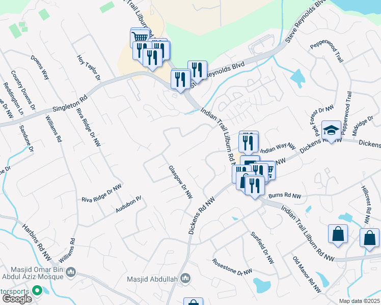 map of restaurants, bars, coffee shops, grocery stores, and more near 5098 Whitted Way Northwest in Lilburn