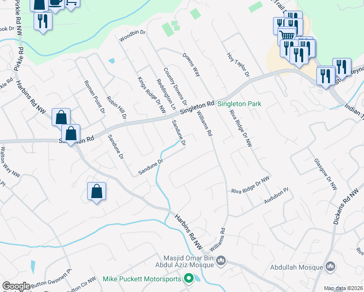 map of restaurants, bars, coffee shops, grocery stores, and more near 1163 Sandune Drive in Norcross