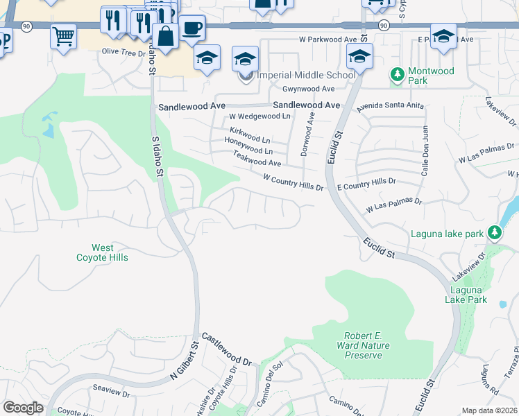 map of restaurants, bars, coffee shops, grocery stores, and more near 2061 South Sawgrass Court in La Habra