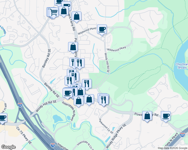 map of restaurants, bars, coffee shops, grocery stores, and more near 3104 Sugarberry Lane in Atlanta