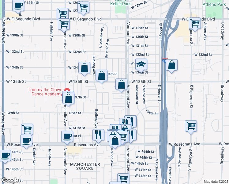map of restaurants, bars, coffee shops, grocery stores, and more near 13605 South Vermont Avenue in Gardena
