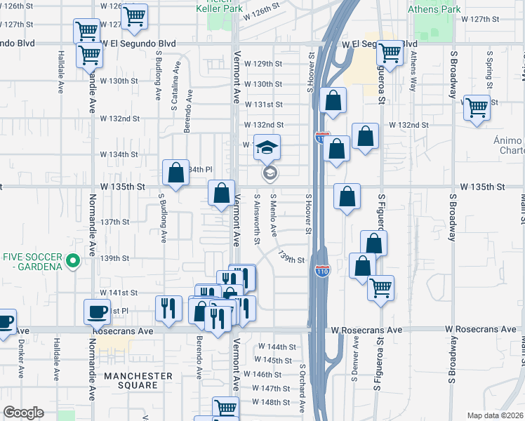 map of restaurants, bars, coffee shops, grocery stores, and more near 13610 South Ainsworth Street in Gardena