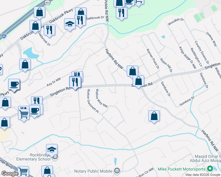 map of restaurants, bars, coffee shops, grocery stores, and more near 5720 Singlebriar Court in Norcross
