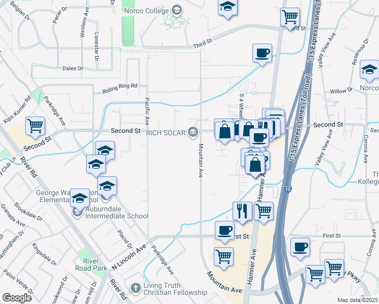 map of restaurants, bars, coffee shops, grocery stores, and more near 1800 Mountain Avenue in Norco