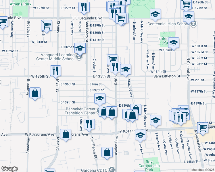map of restaurants, bars, coffee shops, grocery stores, and more near 375 East 137th Street in Los Angeles