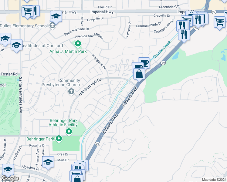 map of restaurants, bars, coffee shops, grocery stores, and more near 13609 Netto Ridge Court in La Mirada
