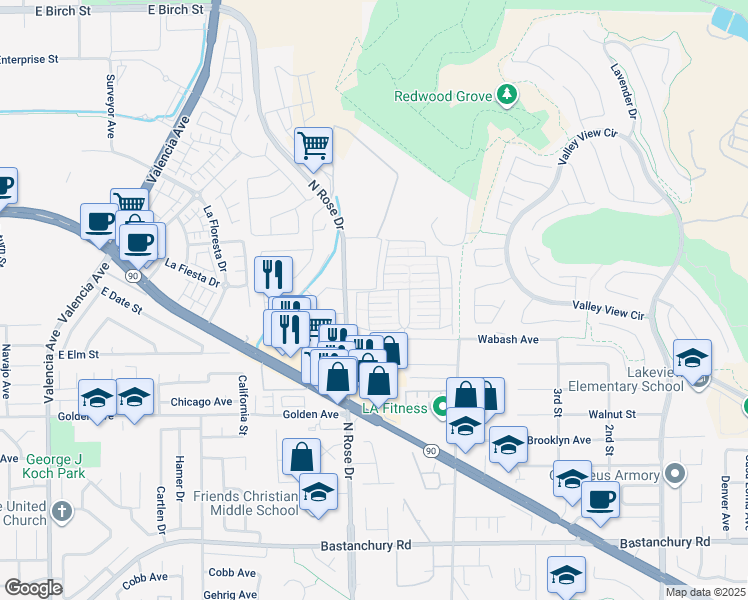 map of restaurants, bars, coffee shops, grocery stores, and more near 16735 Lake Knoll Lane in Yorba Linda
