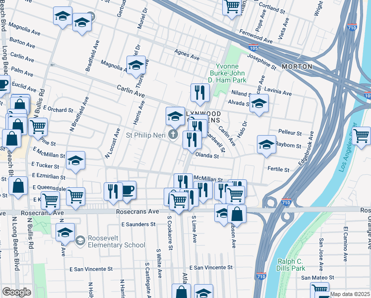 map of restaurants, bars, coffee shops, grocery stores, and more near 12650 Antigua Court in Lynwood