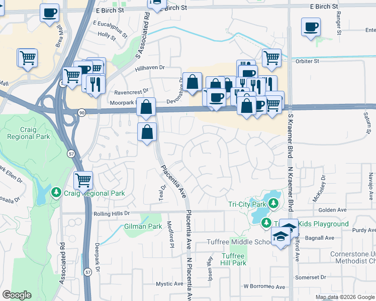 map of restaurants, bars, coffee shops, grocery stores, and more near 2917 Cimmaron Lane in Fullerton