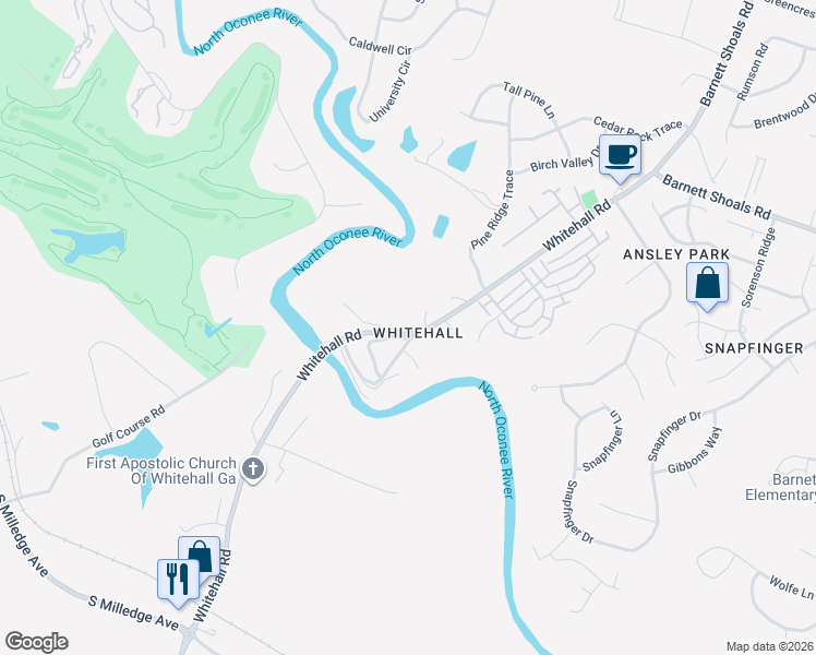 map of restaurants, bars, coffee shops, grocery stores, and more near 117 White Circle in Athens