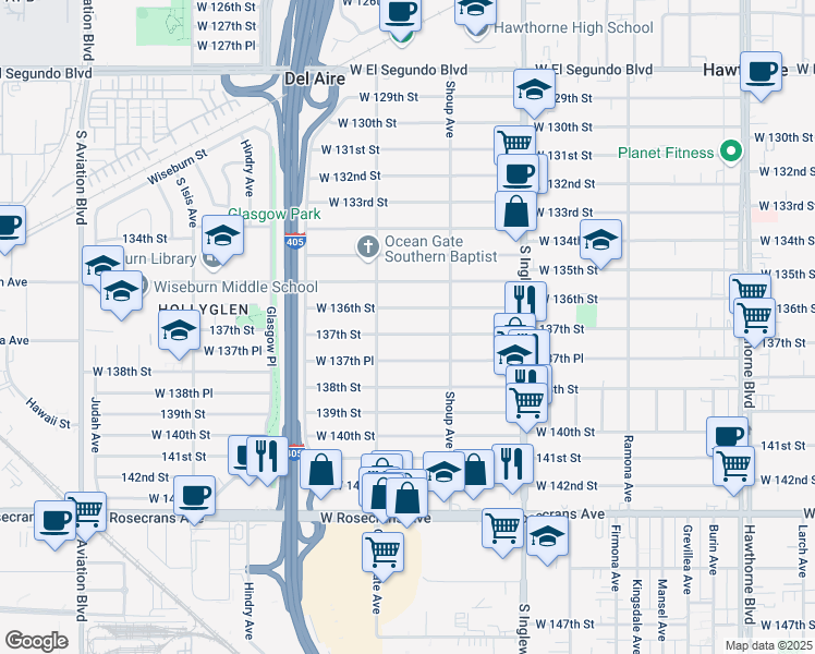 map of restaurants, bars, coffee shops, grocery stores, and more near 5022 137th Street in Hawthorne