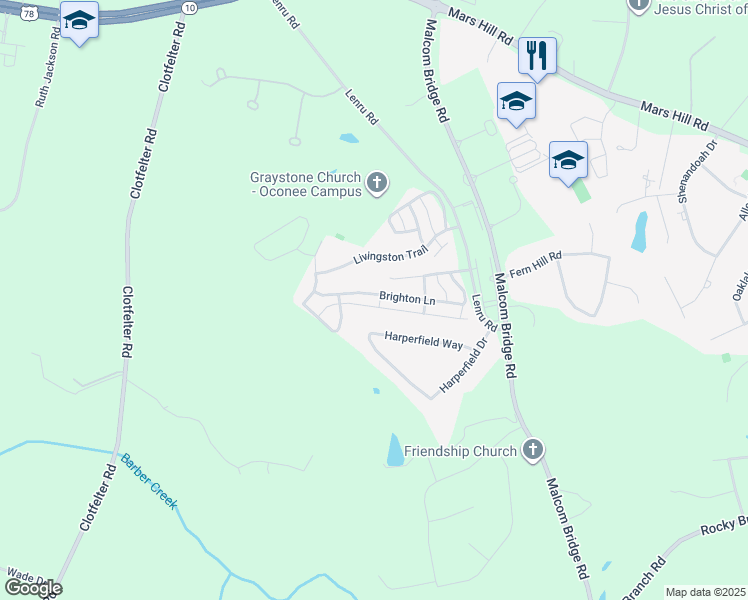 map of restaurants, bars, coffee shops, grocery stores, and more near 1241 Brighton Lane in Bogart