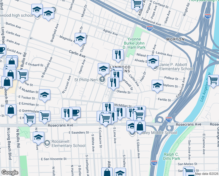 map of restaurants, bars, coffee shops, grocery stores, and more near 12650 Antigua Court in Lynwood