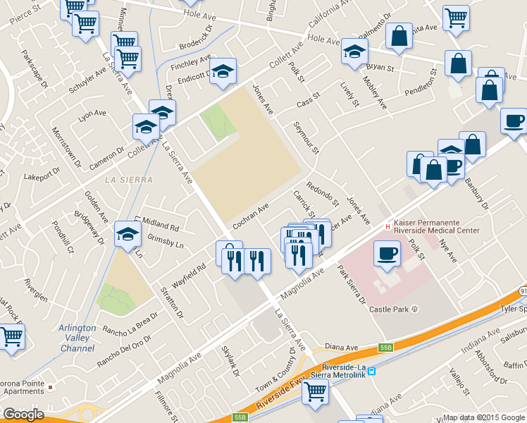 map of restaurants, bars, coffee shops, grocery stores, and more near 3975 Skofstad Street in Riverside