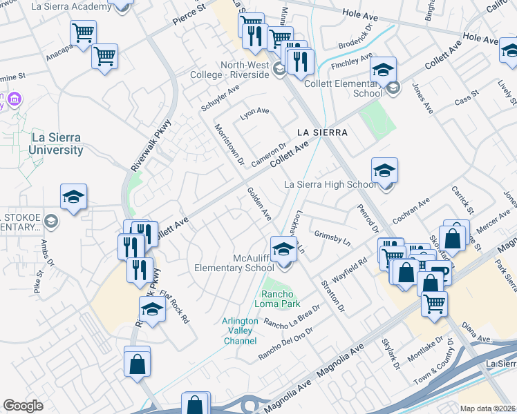 map of restaurants, bars, coffee shops, grocery stores, and more near 11326 Trailstone Court in Riverside